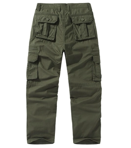 Detail view of the army green cargo pants back featuring flap pockets and durable fabric
