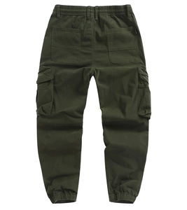 Detail view of military green cargo joggers with elastic waistband and large pockets