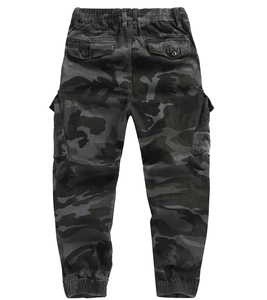 Rear view of men's dark grey camo cargo pants with elastic waist and flap pockets
