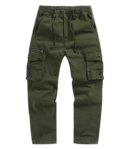Detail view of army green cargo pants featuring elastic drawstring waist and multi-pockets