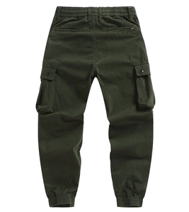 Detail of olive green cargo joggers with drawstring waist and metal button pocket
