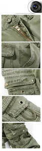 Detail of army green cargo pants featuring heavy metal zipper and flap pocket texture