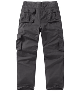 Detail view of dark grey cargo pants with large back pockets and durable fabric texture
