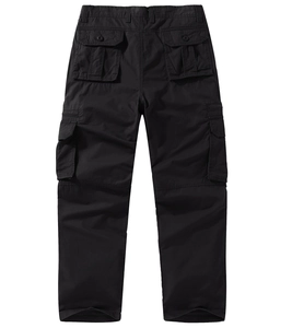 Detailed view of black multi-pocket cargo pants with durable reinforced stitching and flap pockets