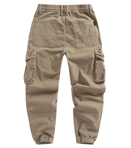 Rear view of khaki cargo joggers featuring elastic drawstring waist and large back pockets
