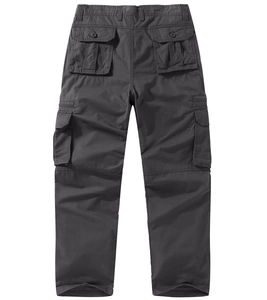 Close-up of multi-pocket cargo pants showing durable cotton fabric and reinforced stitching