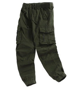 Detail of olive green cargo joggers showing elastic drawstring waist and side zip pocket