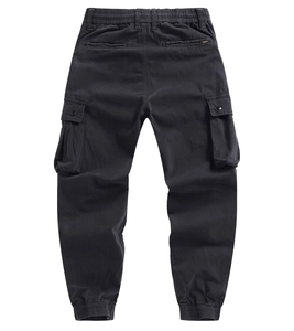 Rear view of men's cargo pants showing elastic waist and large utility side pockets
