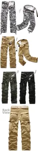 Detail view showing multi-pocket cargo pants in four colors with durable fabric textures