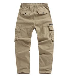 Detailed back view of khaki cargo pants featuring functional pockets and elastic waist