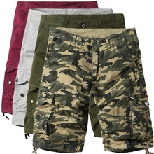 Detail view of multi-color cargo shorts in camo, gray, olive and burgundy styles
