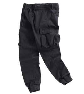 Detail of black cargo joggers with elastic drawstring waist and large side pockets