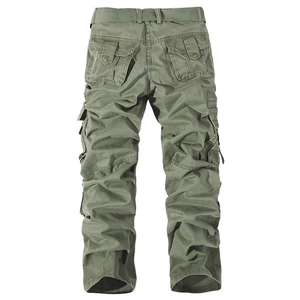 Men's olive green tactical cargo pants with multiple pockets and matching fabric belt
