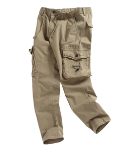 Detail view of khaki multi-pocket cargo pants with drawstring waist and durable twill fabric