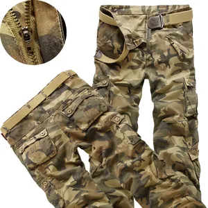 Men's Casual Cargo Pants Multi Pocket Camouflage Cotton Blend Outdoor Long Pants With Belt Straight Leg Work Trousers