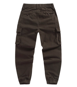 Back view of mens cargo jogger pants in dark brown with elastic waist and flap pockets