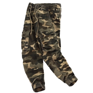 Men's jungle camouflage cargo pants with elastic drawstring waist and multi-pocket design