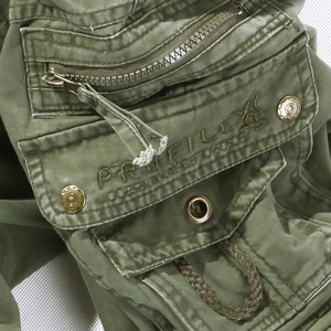 Army green cargo pants for men featuring multi-pockets with bronze buttons and profile embroidery