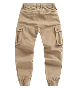 Detailed view of khaki cargo pants featuring elastic waist and large side flap pockets