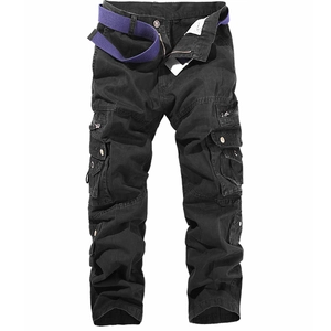 Men's loose black cargo pants with multiple pockets and a purple canvas belt