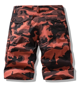Rear view of camo cargo shorts featuring red and black print and functional flap pockets