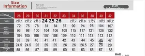 Detailed size chart for men cargo pants showing waist hip and length measurements