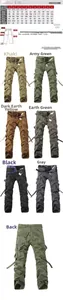 Detailed size chart for men cargo pants showing waist and length across multiple sizes