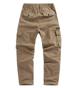 Detailed view of khaki cargo pants featuring elastic waist and side zipper pocket