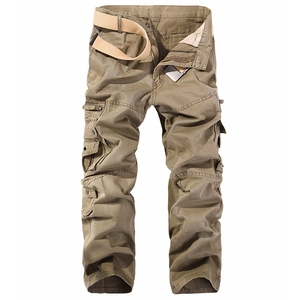 Men's khaki multi-pocket cargo pants with woven belt and durable cotton twill fabric