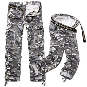 Men's camouflage cargo pants with multi-pockets and black canvas belt in grey tones
