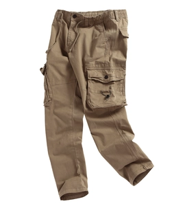 Macro detail of khaki cotton cargo pants with flap side pockets and drawstring waist