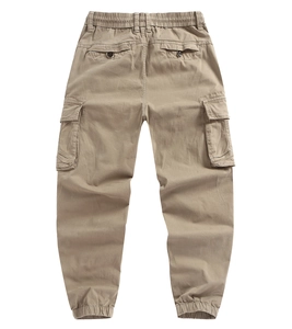 Rear view of khaki cargo joggers featuring elastic cuffs and multiple flap pockets