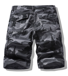 Rear view of camouflage cargo shorts featuring ripstop fabric and large flap pockets