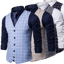 Detail view of plaid vest suits in four colorways with shirts and neckties for men