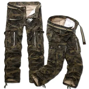 Men's camouflage cargo pants with star prints, multi-pockets, and canvas belt