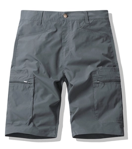 Detailed view of dark grey cargo shorts featuring multi-pocket design and zip closure
