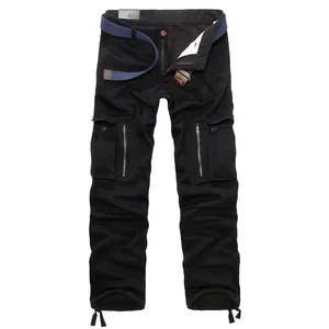 Men's winter fleece cargo pants in black with multiple pockets and a blue woven belt