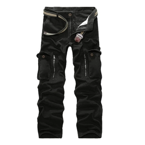 Men's black multi-pocket cargo pants with striped canvas belt and metal zippers