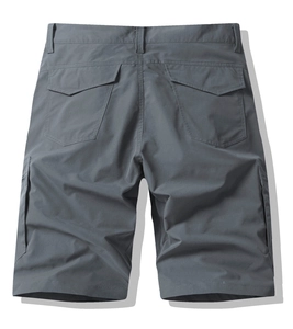 Detailed back view of dark grey cargo shorts featuring durable fabric and rear flap pockets
