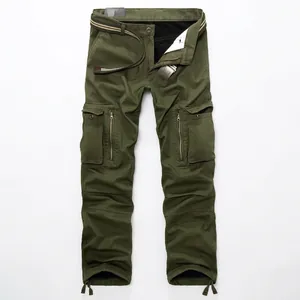 Men's winter fleece-lined cargo pants with multi-pockets and belt in olive green