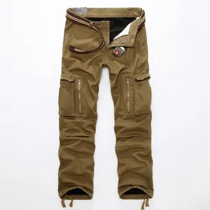 Winter khaki heavy-duty cargo pants for men with multi-pockets and drawstring cuffs