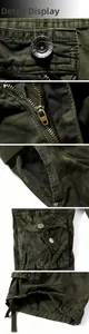 Detailed views of camo cargo shorts featuring metal zipper, utility pockets and drawstrings