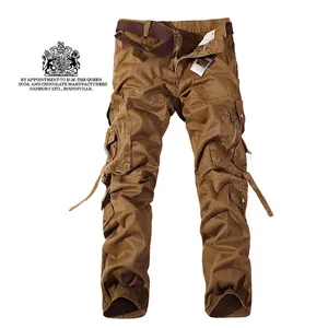 Men's khaki multi-pocket cargo pants in durable cotton canvas with woven belt