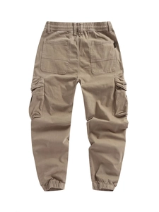 Men's khaki multi-pocket cargo pants with elastic waist and tapered ribbed cuffs