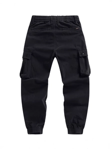Men's black cargo joggers with multi-pocket design and elastic cuffs in relaxed fit