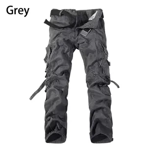 Men's relaxed fit grey cargo pants with multiple pockets and black woven belt