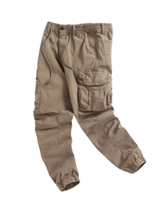 Men's khaki cargo joggers with multiple pockets and elastic drawstring waist flat lay view