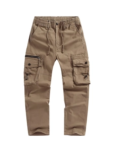 Men's Cargo Pants Washed Cotton Multi-Pocket Elastic Waist Tapered Fit Casual Outdoor Utility Long Trousers For Men