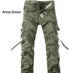 Army green men's cargo pants with multiple pockets and a matching woven belt