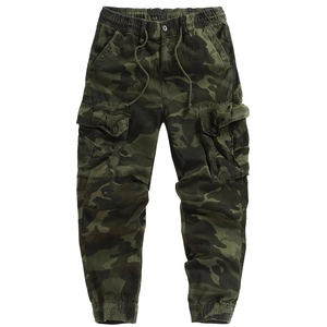 Men's camouflage cargo pants with drawstring waist and multi-pocket jogger design